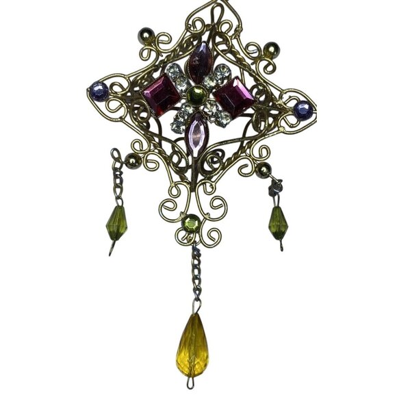 Vintage Gold Filigree Hanging Ornament With Jewel Accents & Beaded Dangling Char - Picture 2 of 4